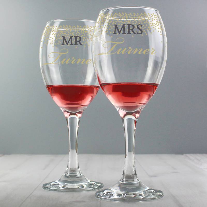 Personalised Mr and Mrs Gold Confetti Pair of Wine Glasses