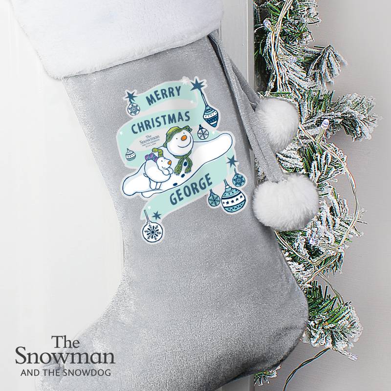 Personalised The Snowman and the Snowdog Luxury Silver Grey Stocking