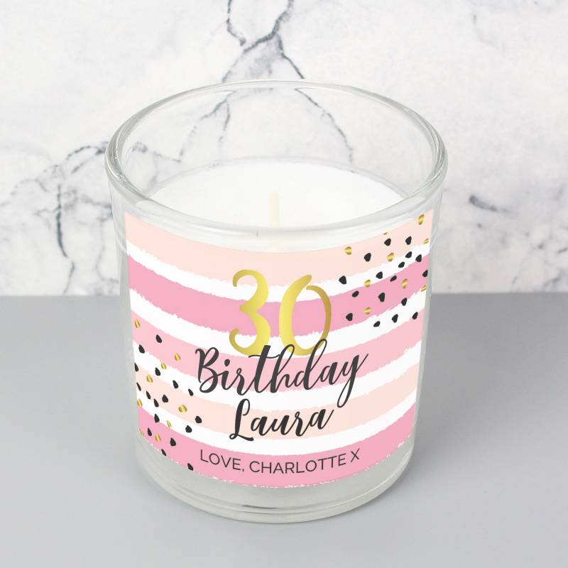 Personalised Birthday Gold and Pink Stripe Scented Jar Candle