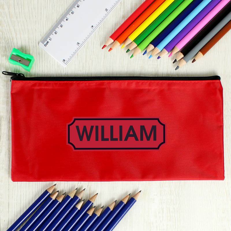 Red Pencil Case with Personalised Pencils & Crayons