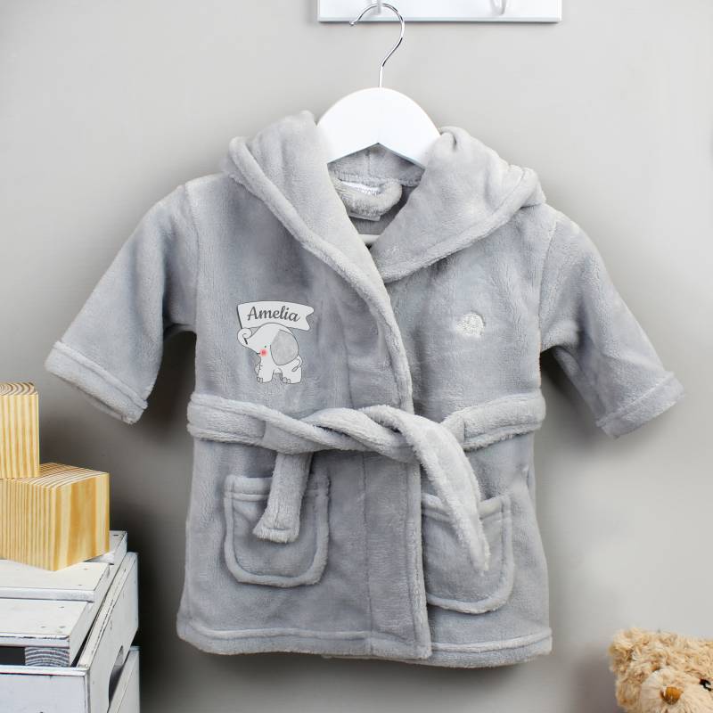 Personalised Elephant 0-6 Months Grey Hooded Baby Dressing Gown