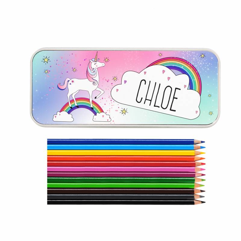 Personalised Unicorn Pencil Tin with Pencil Crayons