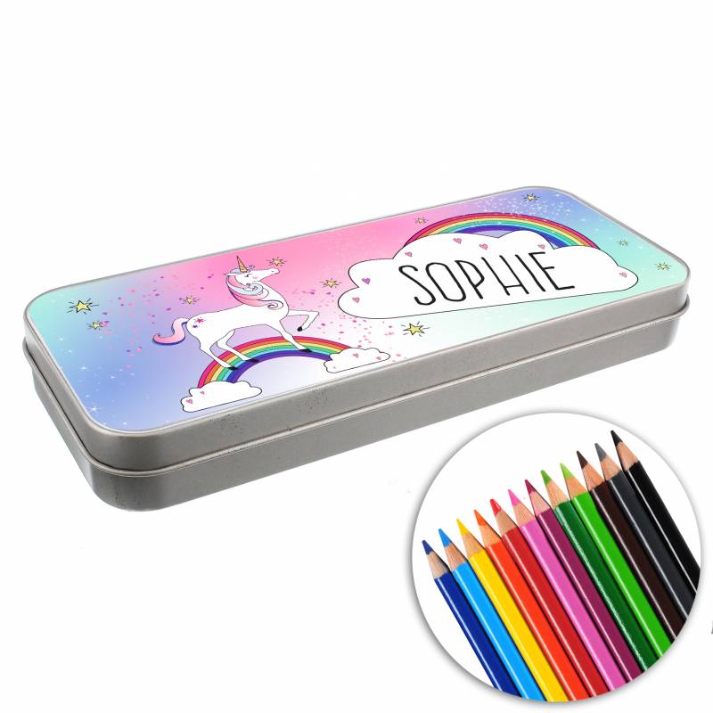 Personalised Unicorn Pencil Tin with Pencil Crayons
