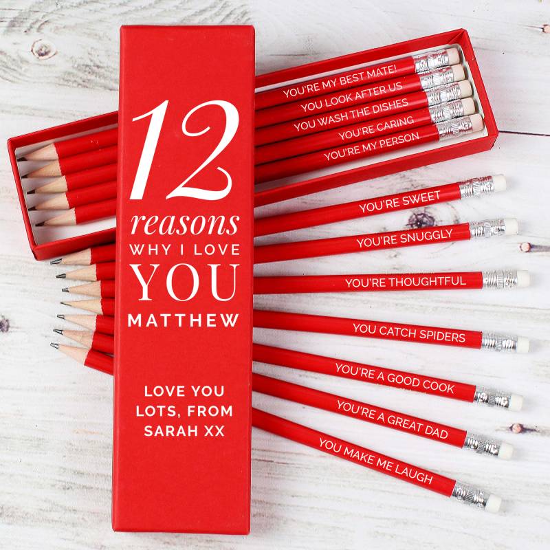Personalised 12 Reasons Why I Love You Box and 12 Red HB Pencils