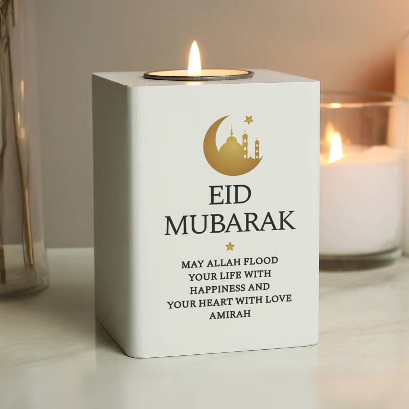 Personalised Eid White Wooden Tea light Holder