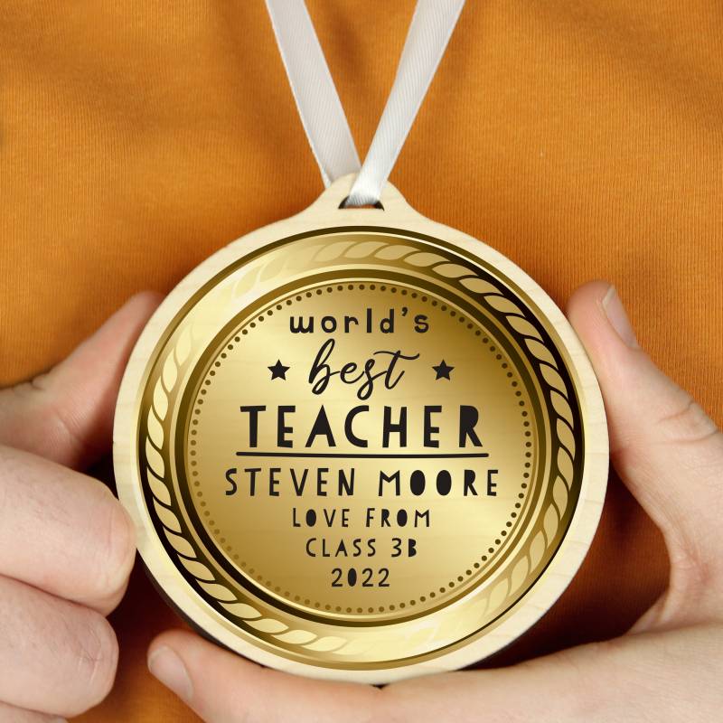 Personalised Worlds Best Teacher Round Wooden Medal Personalised Worlds Best Teacher Round Wooden Medal