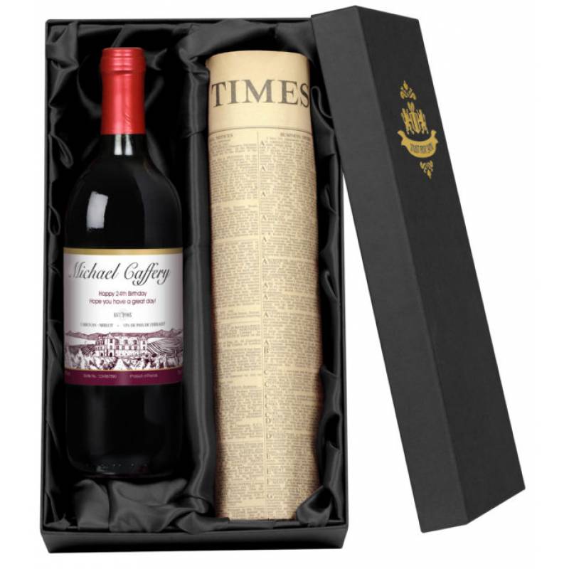Personalised Red Wine and Newspaper Gift Funky Hampers