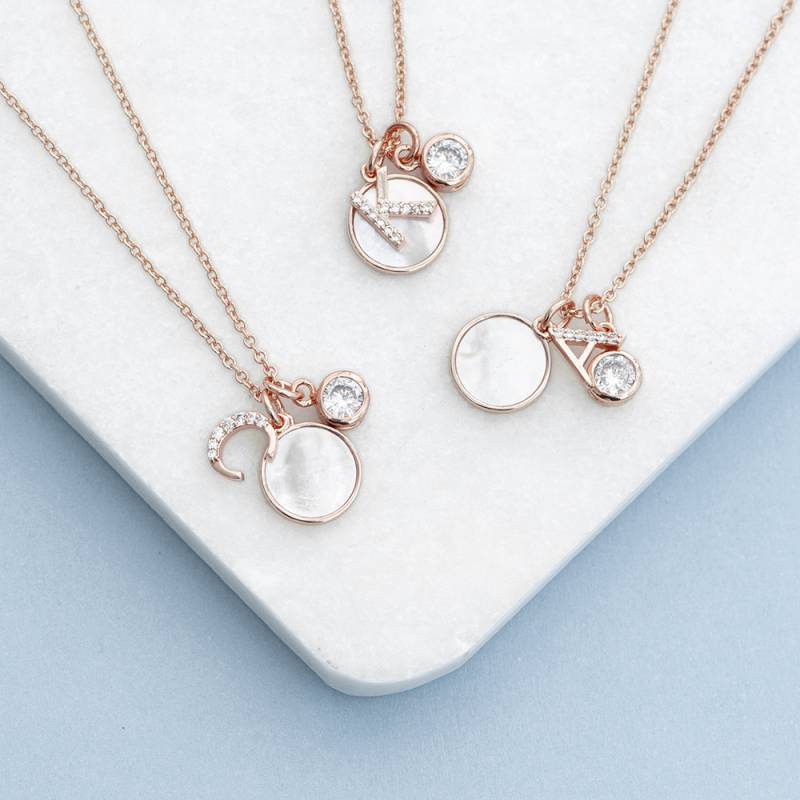 Rose Gold Initial Necklace With Mother of Pearl and Swarovski Crystal
